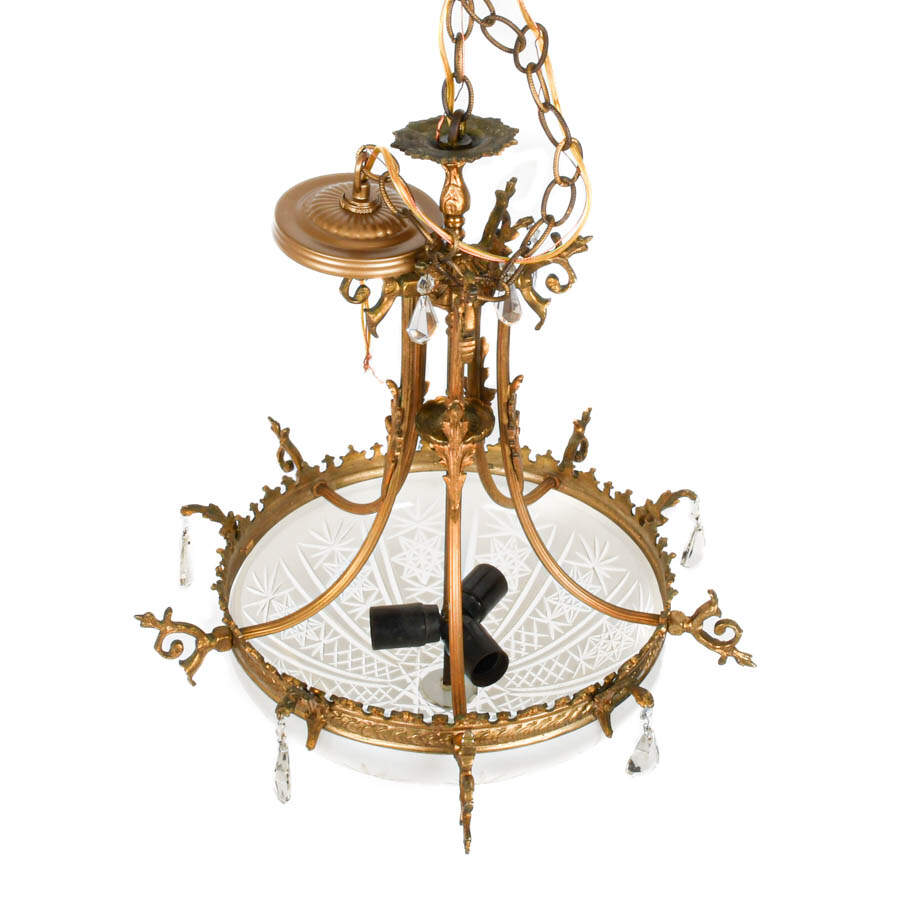 Brass and Crystal Hanging Ceiling Light with Etched Shade-2