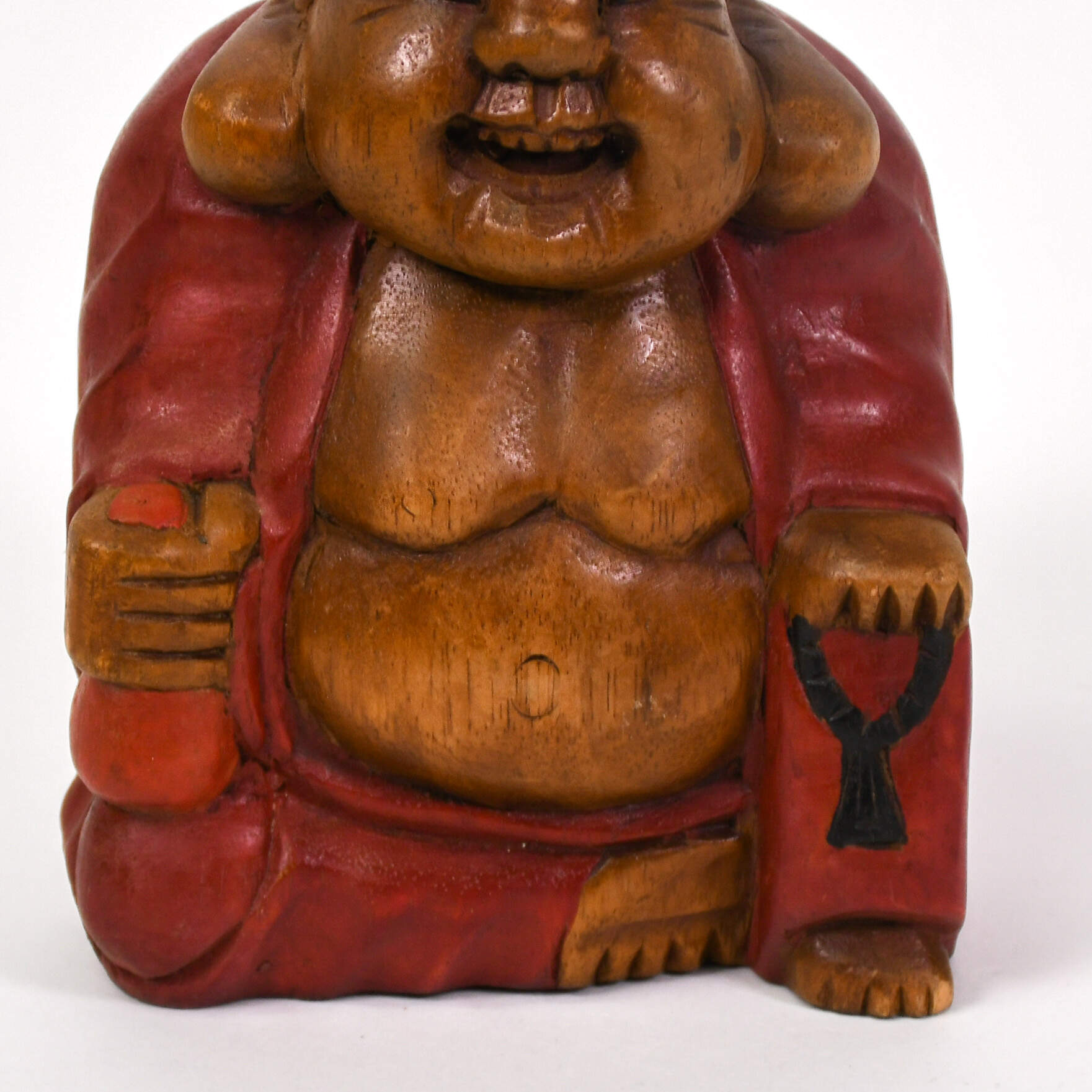 Hand-Carved Wood Laughing Buddha Figure-7