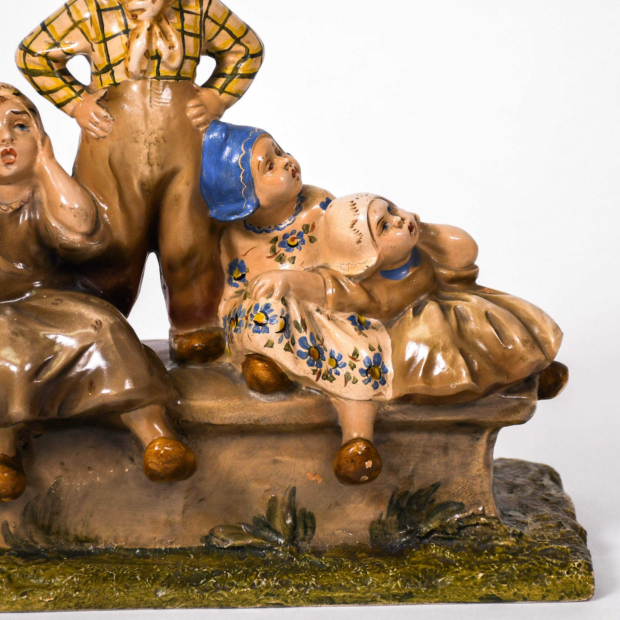 5 Dutch Children on a Bench Terracotta Glazed Figurine-8