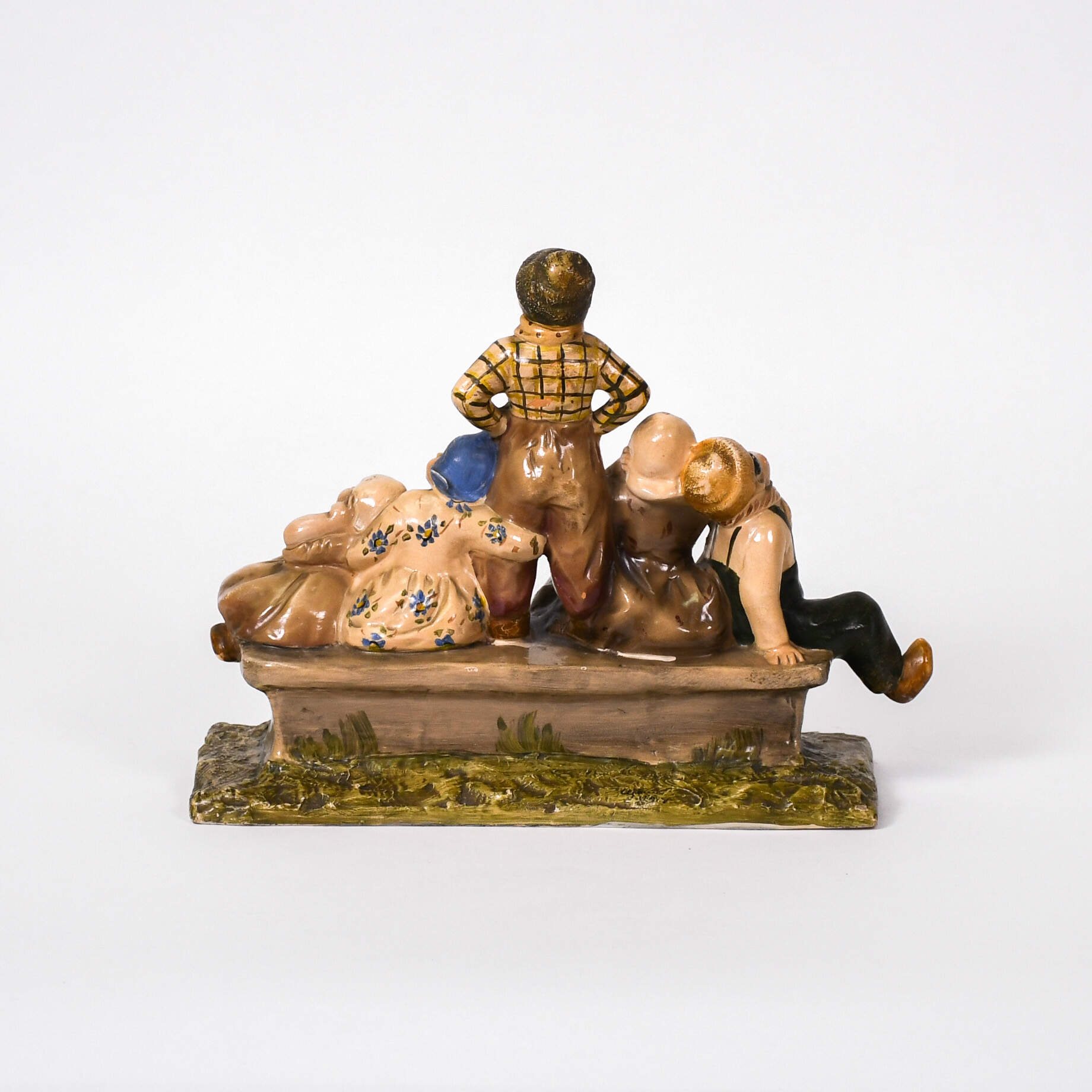 5 Dutch Children on a Bench Terracotta Glazed Figurine-3