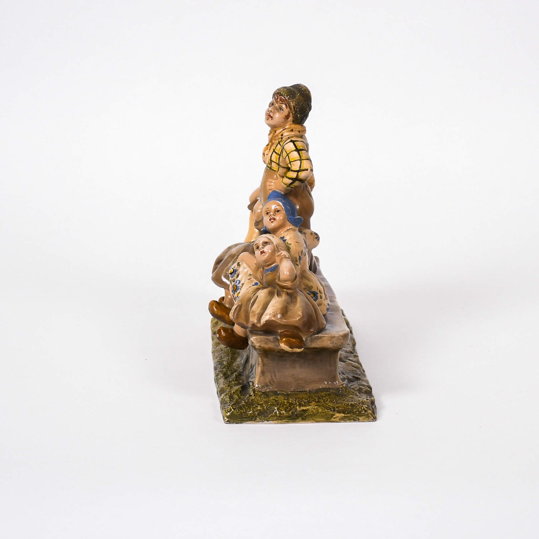 5 Dutch Children on a Bench Terracotta Glazed Figurine-2