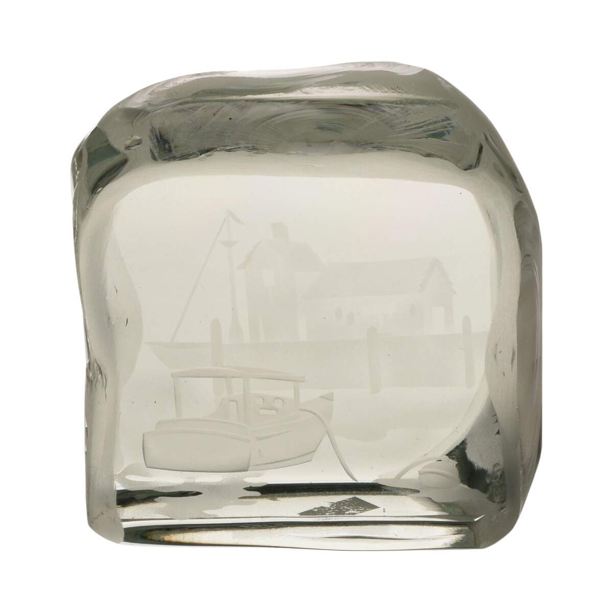R. M. Yate Art Glass Sculpture with Etched Ship Harbor Decoration-3
