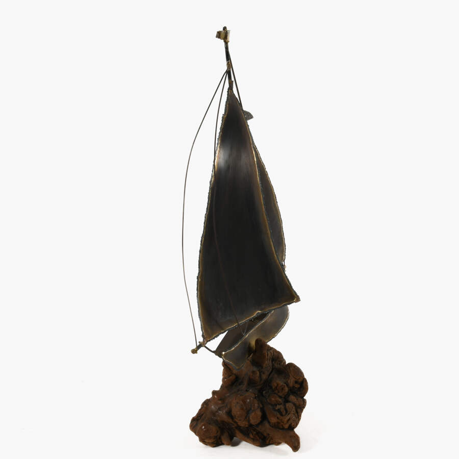 Brutalist-Style Brass and Copper Boat Model on Driftwood Waves Base-2