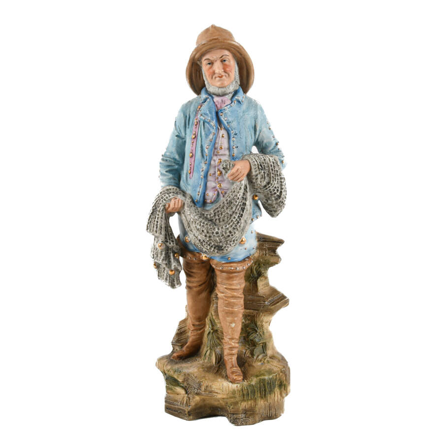 Antique Continental Bisque Fisherman Statue-1