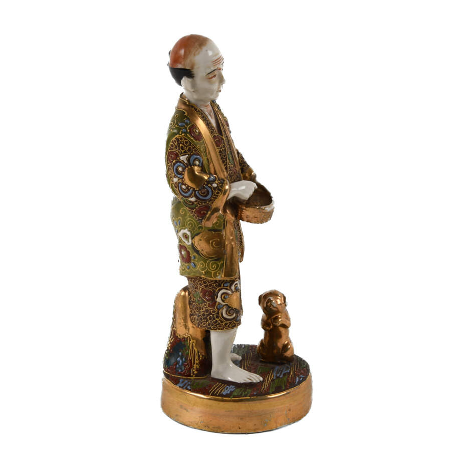 Japanese Satsuma Porcelain Man and Dog Figurine-6