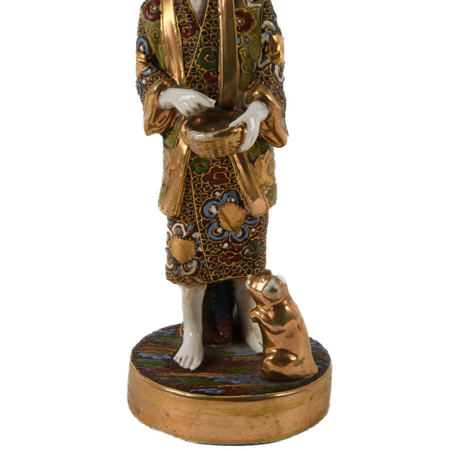 Japanese Satsuma Porcelain Man and Dog Figurine-3