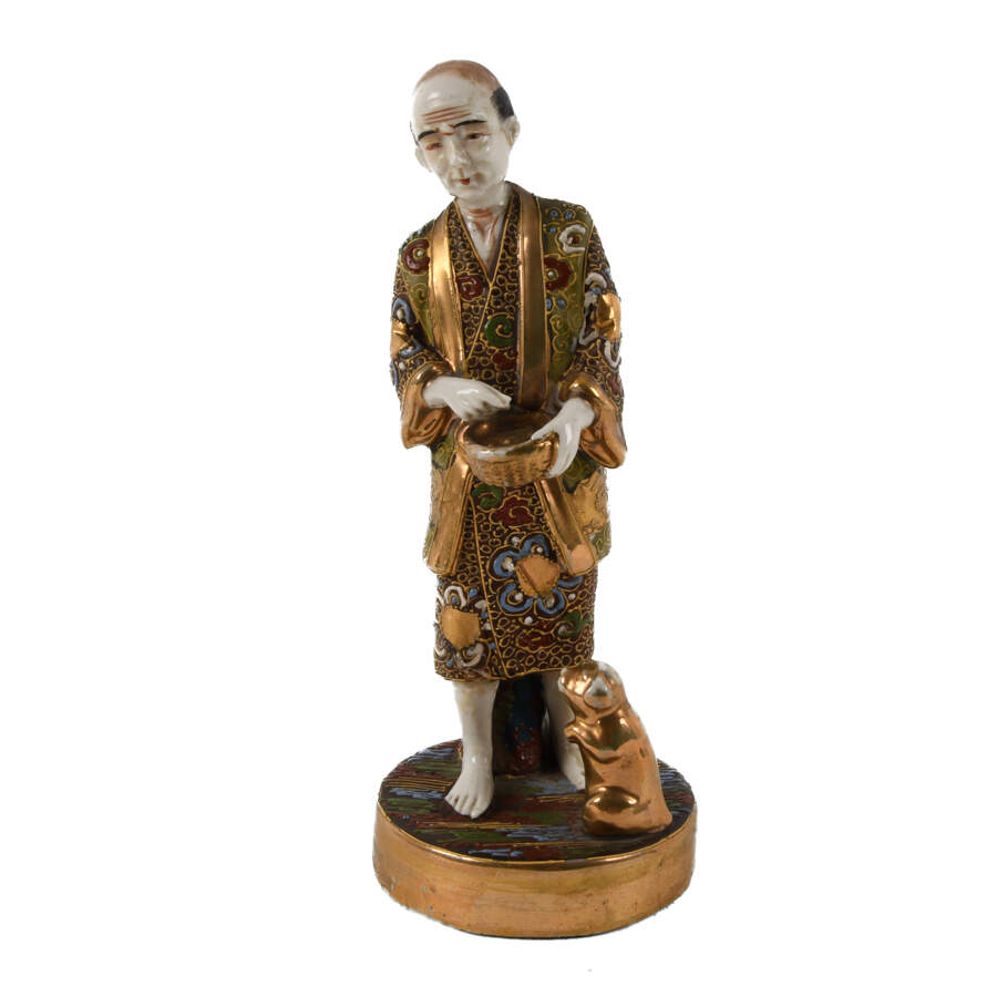 Japanese Satsuma Porcelain Man and Dog Figurine-1