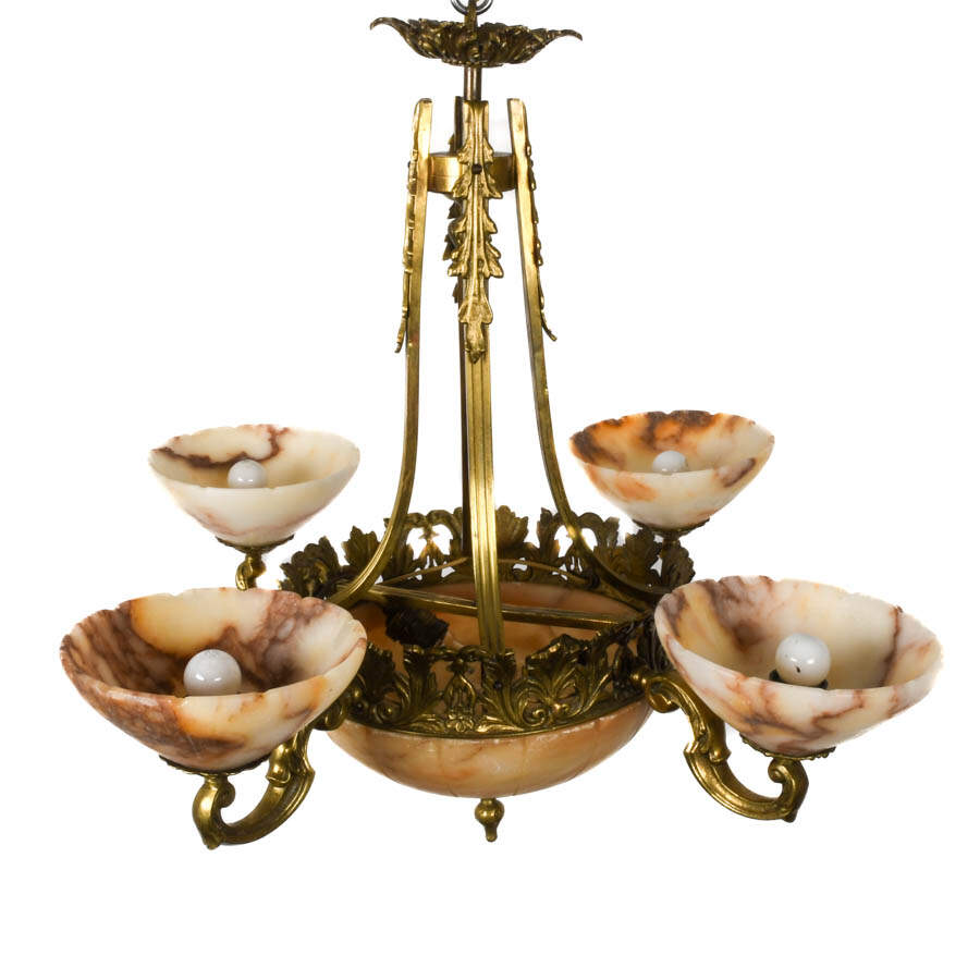 Art Deco Botanical Bronze and Carved Alabaster Five-Light Chandelier-4