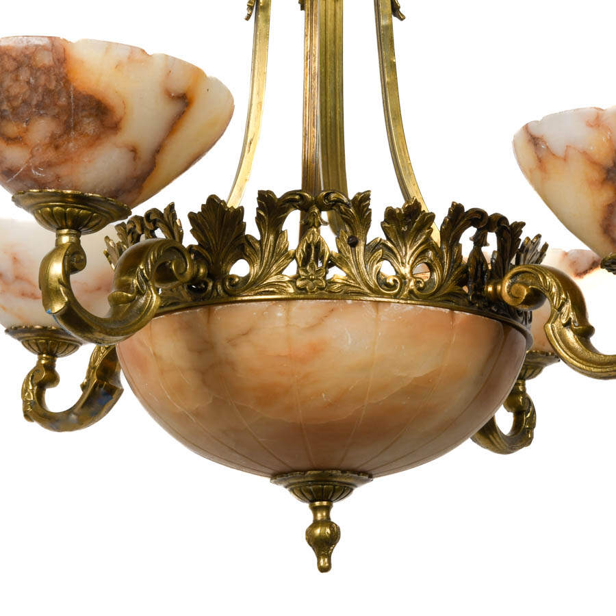 Art Deco Botanical Bronze and Carved Alabaster Five-Light Chandelier-2