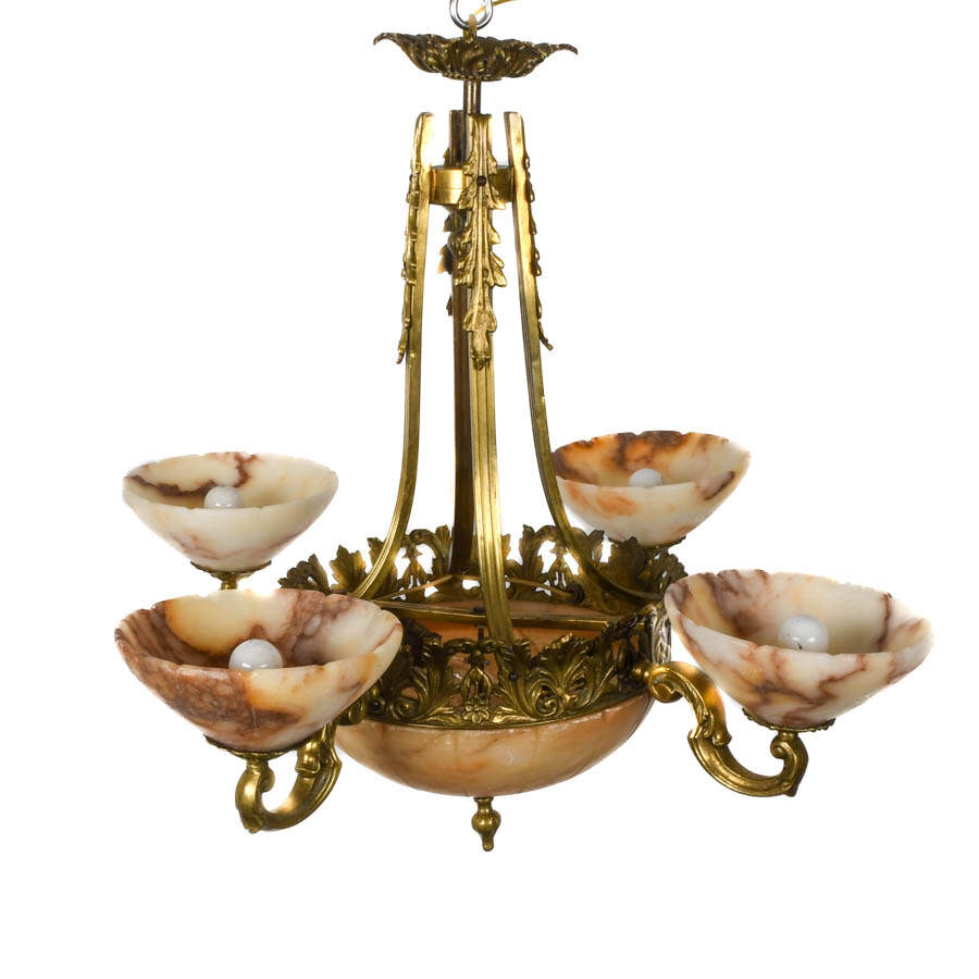 Art Deco Botanical Bronze and Carved Alabaster Five-Light Chandelier-1