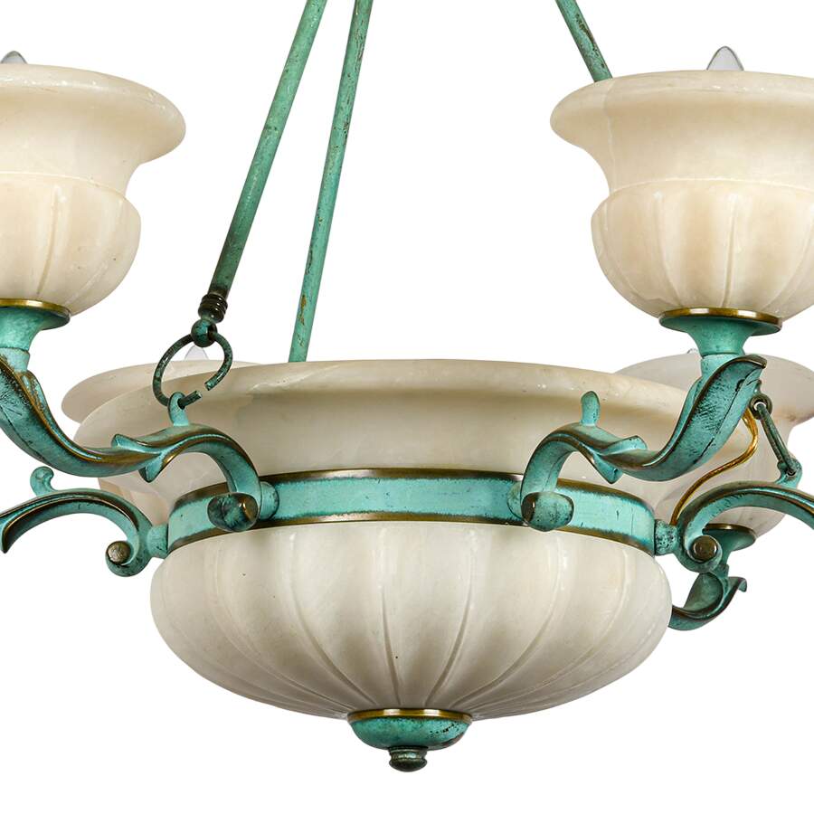 Bronze Verdigris and Alabaster Tulip Six Arm Chandelier-4