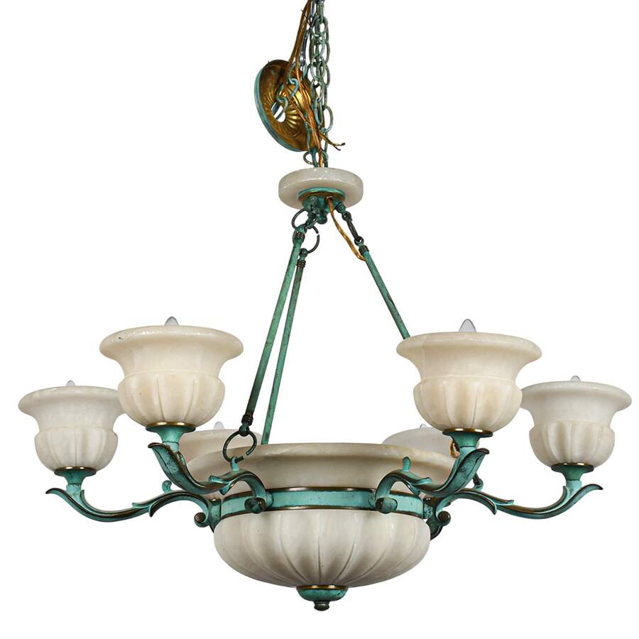 Bronze Verdigris and Alabaster Tulip Six Arm Chandelier-3