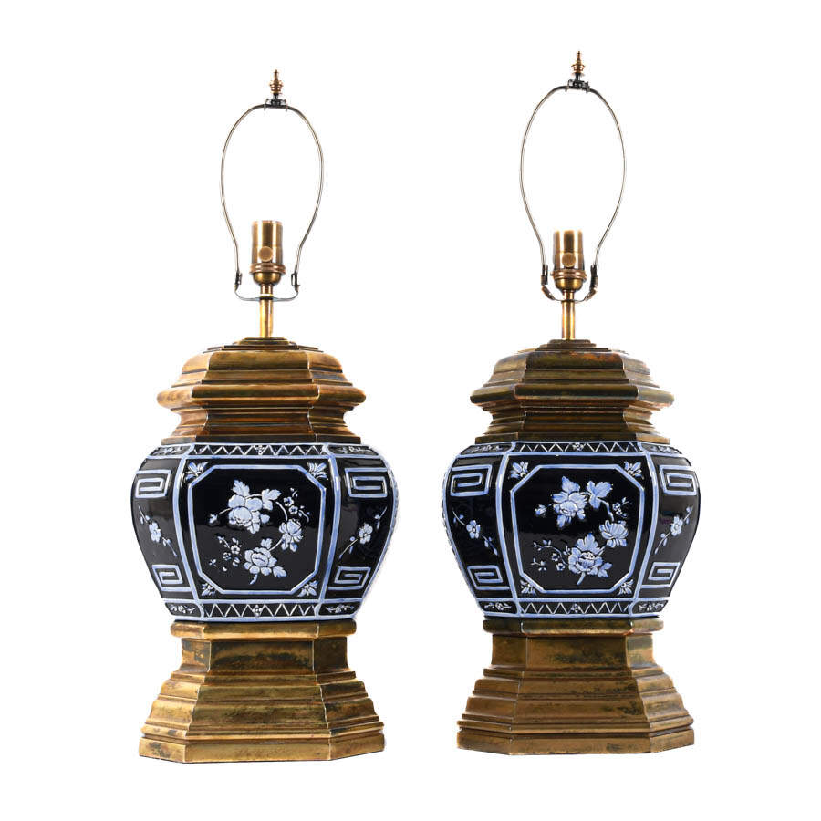 Pair of Chinese Blue Glazed Table Lamps-1