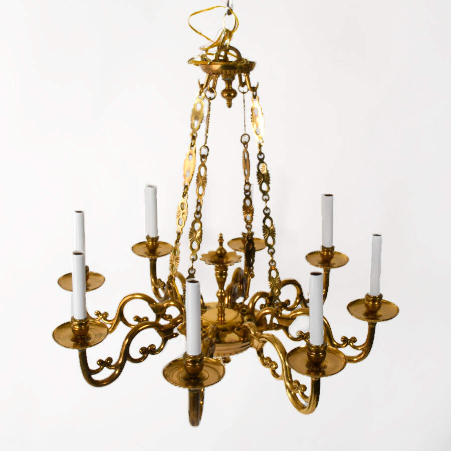 1930s Eight Arm Brass Candelabra Chandelier-4