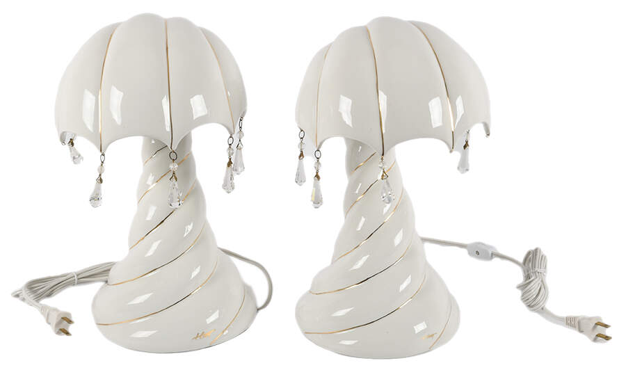 Pair of Signed Mid-Century Modern Ceramic Seashell Shaped Table Lamp-1
