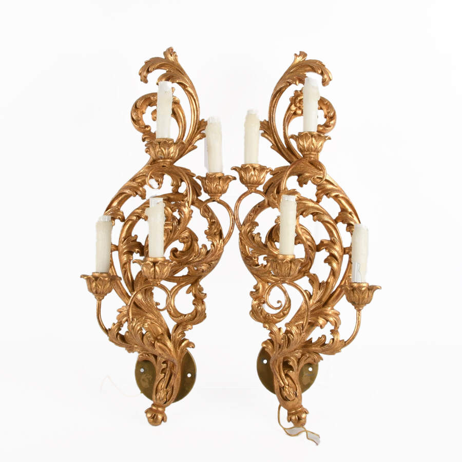 Pair of Inviting Home Florentine Toleware Giltwood Electric Wall Sconces-1
