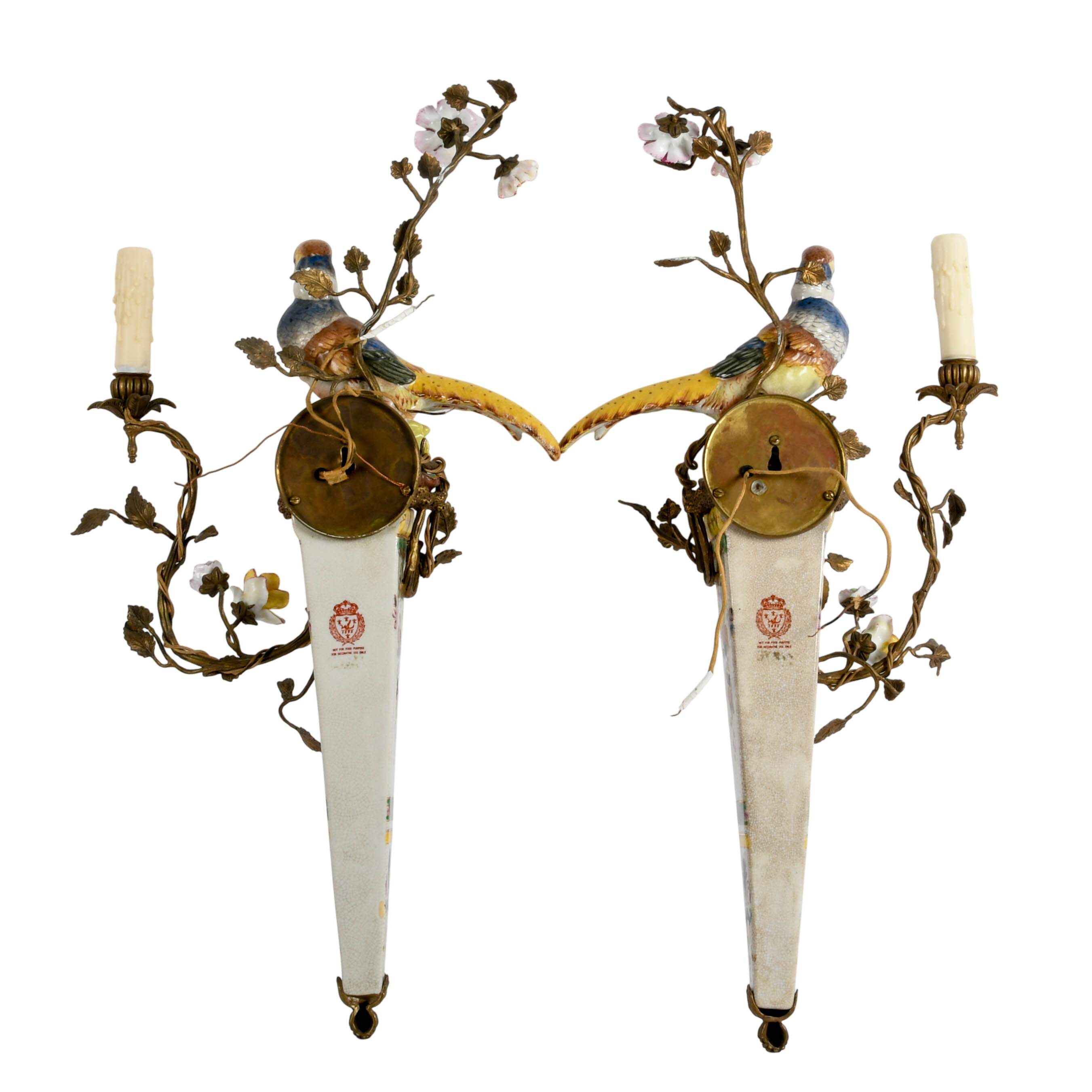 Matched Pair of Porcelain and Gilt Castilian Bird Wall Sconces-8