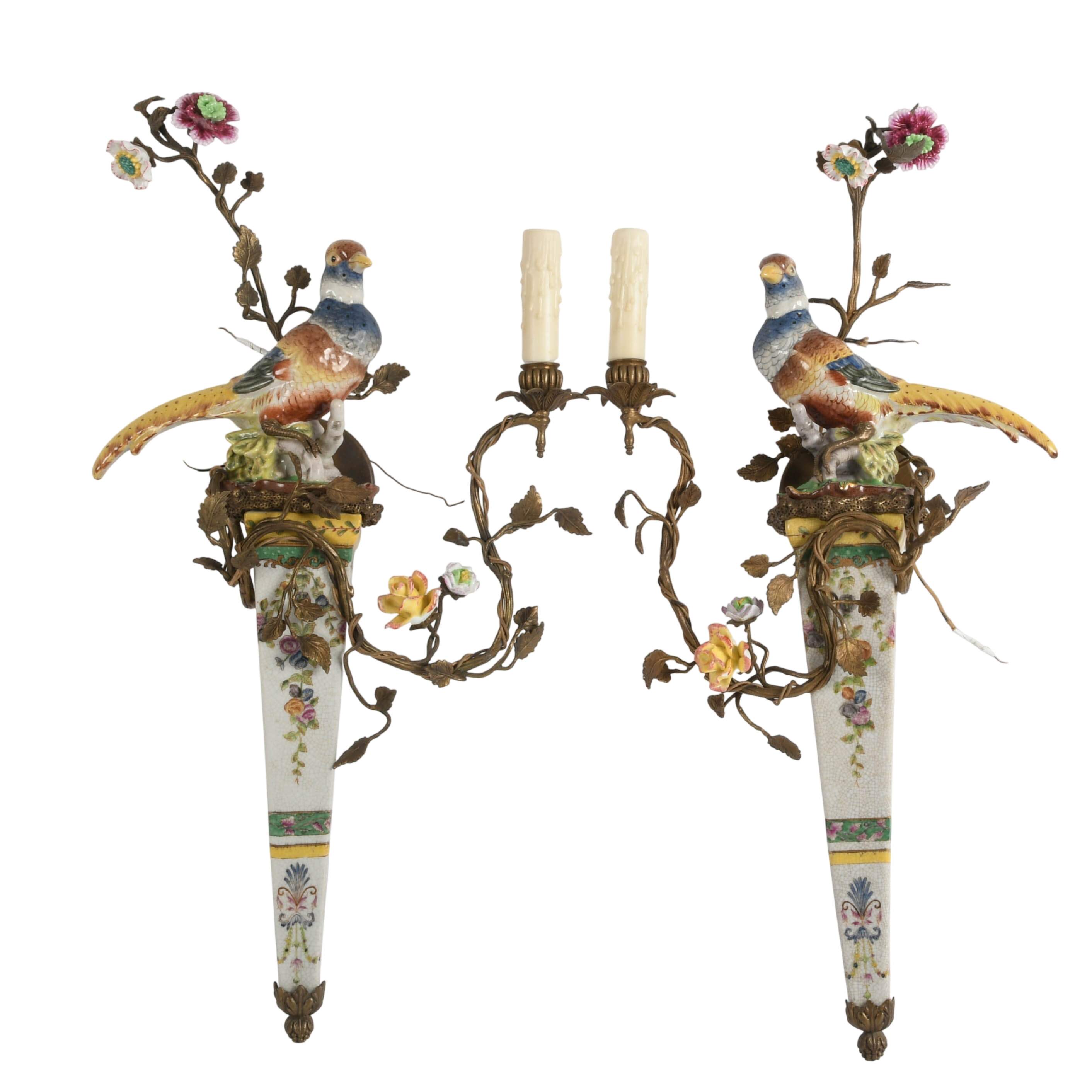 Matched Pair of Porcelain and Gilt Castilian Bird Wall Sconces-1