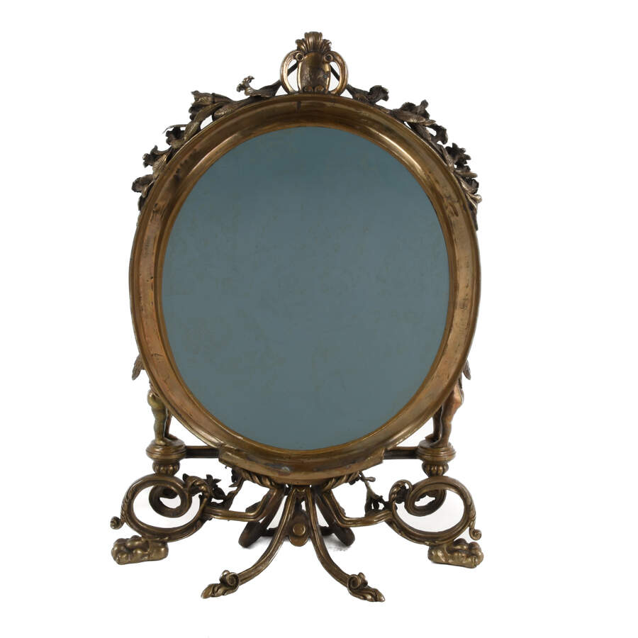 Antique Ornate Cast Metal Vanity Mirror with Cherubs-4