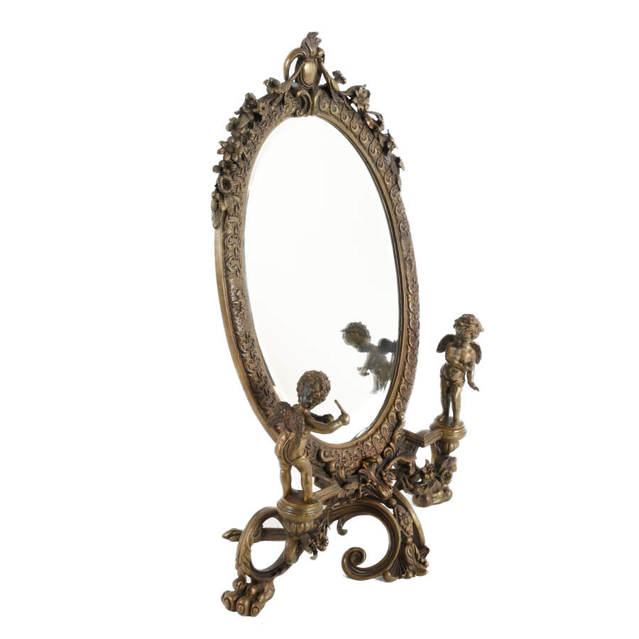 Antique Ornate Cast Metal Vanity Mirror with Cherubs-3