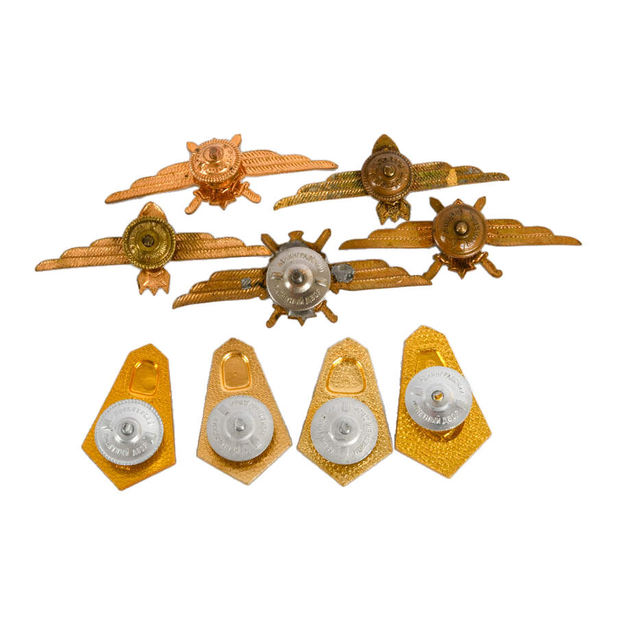 Nine Soviet Union Brass and Enamel Navigator, Wings, and College Badges-6