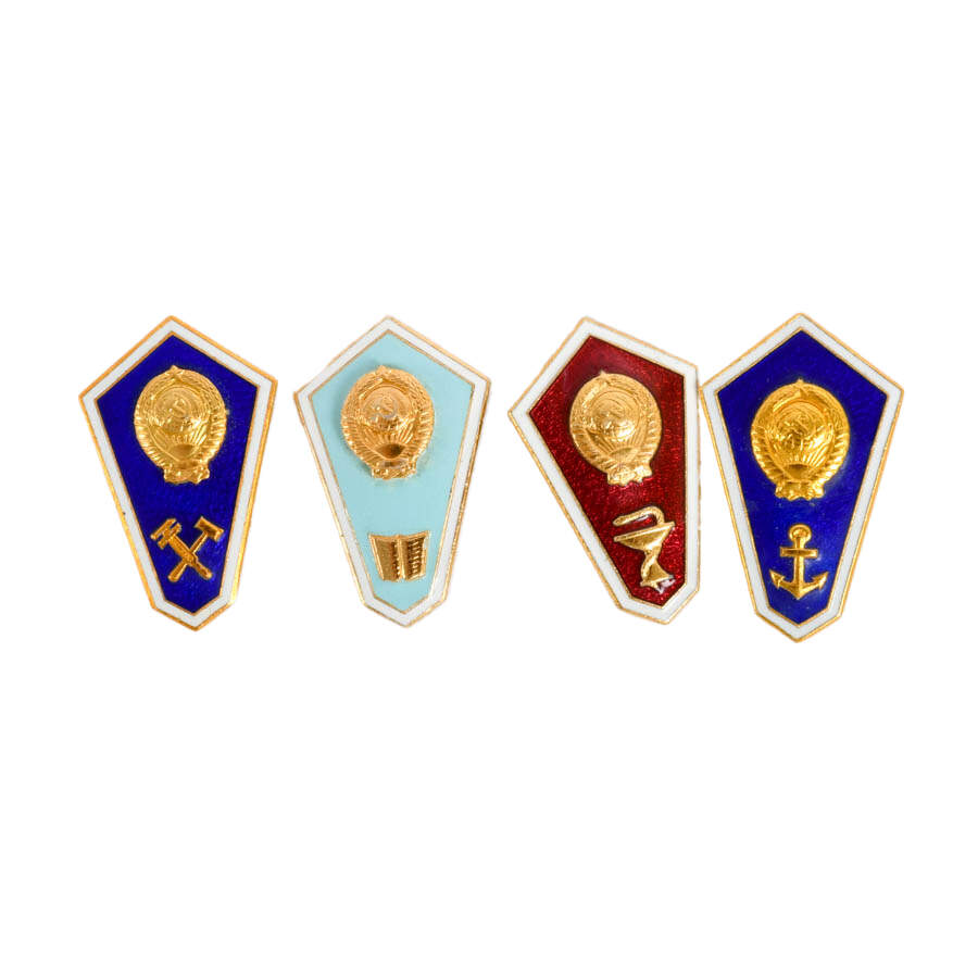 Nine Soviet Union Brass and Enamel Navigator, Wings, and College Badges-5