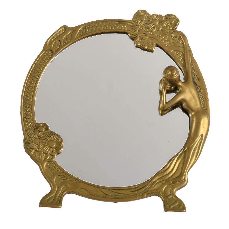 Art Nouveau Figural Vanity Mirror with Round Brass Frame-1