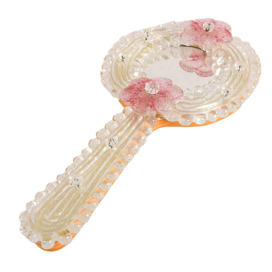 Mid-Century Floral Murano Glass Handheld Wall Mirror-5