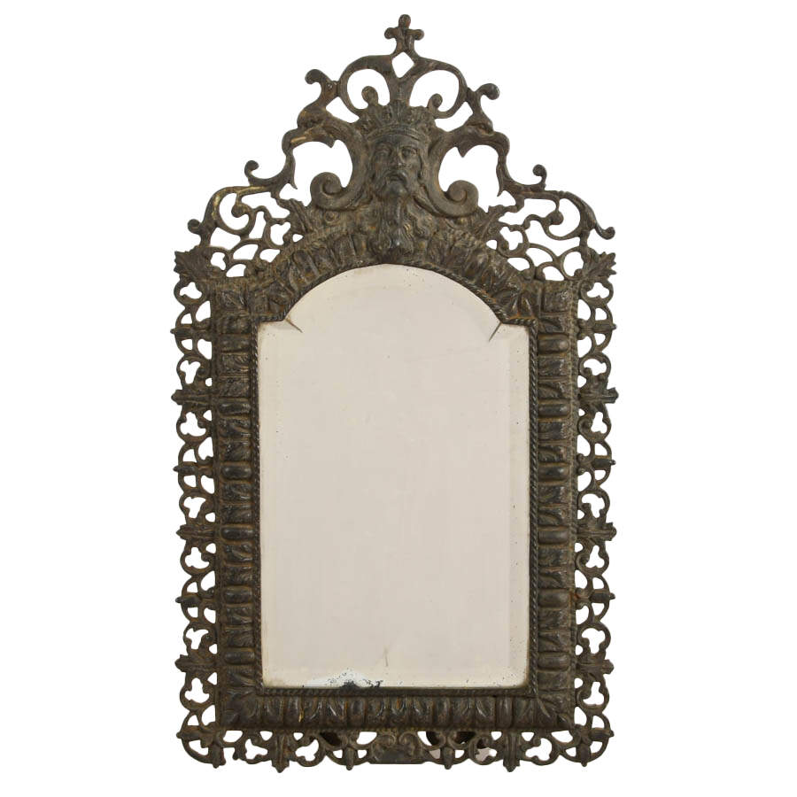 Antique Bronze Renaissance Revival Vanity Mirror with Crowned Man Crest-1