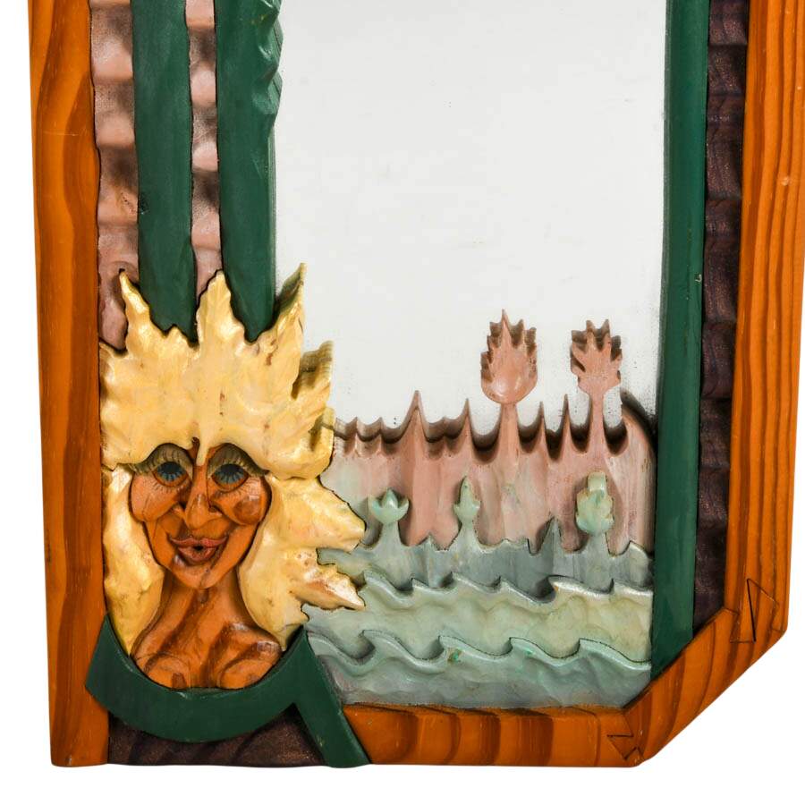 Signed R.A. Pitz Hand-Carved Whimsical Wood Wall Mirror-3