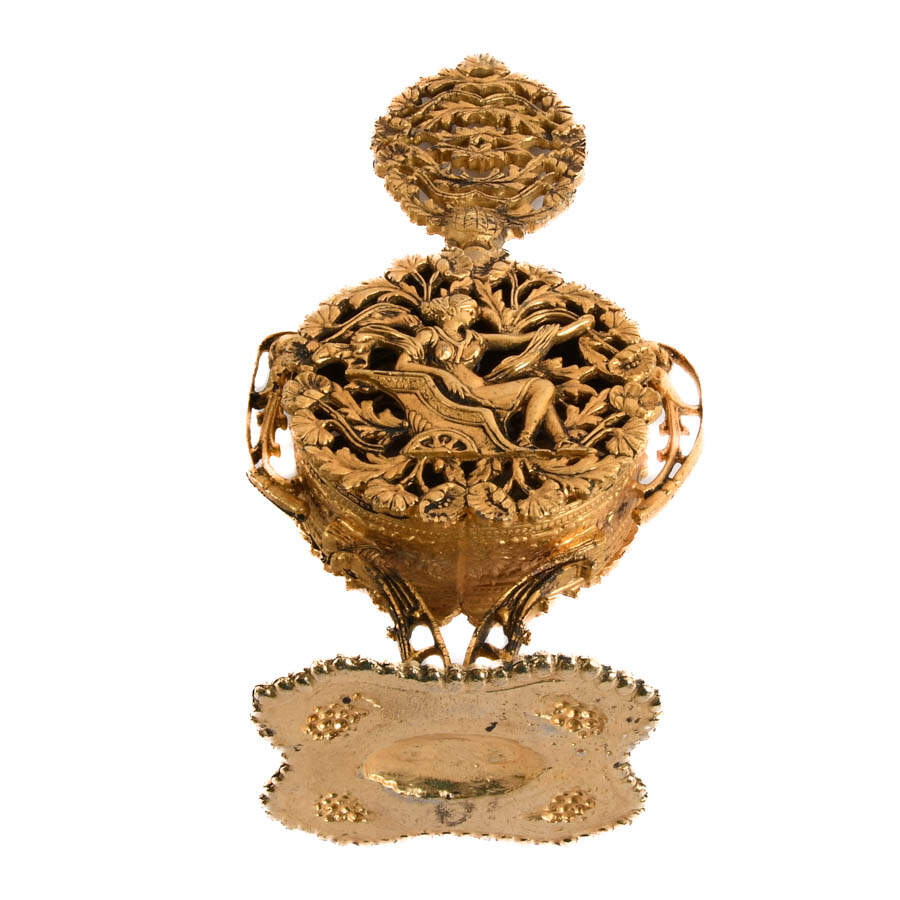Mid-Century Modern Gilt Ormolu Filigree Perfume Bottle-8