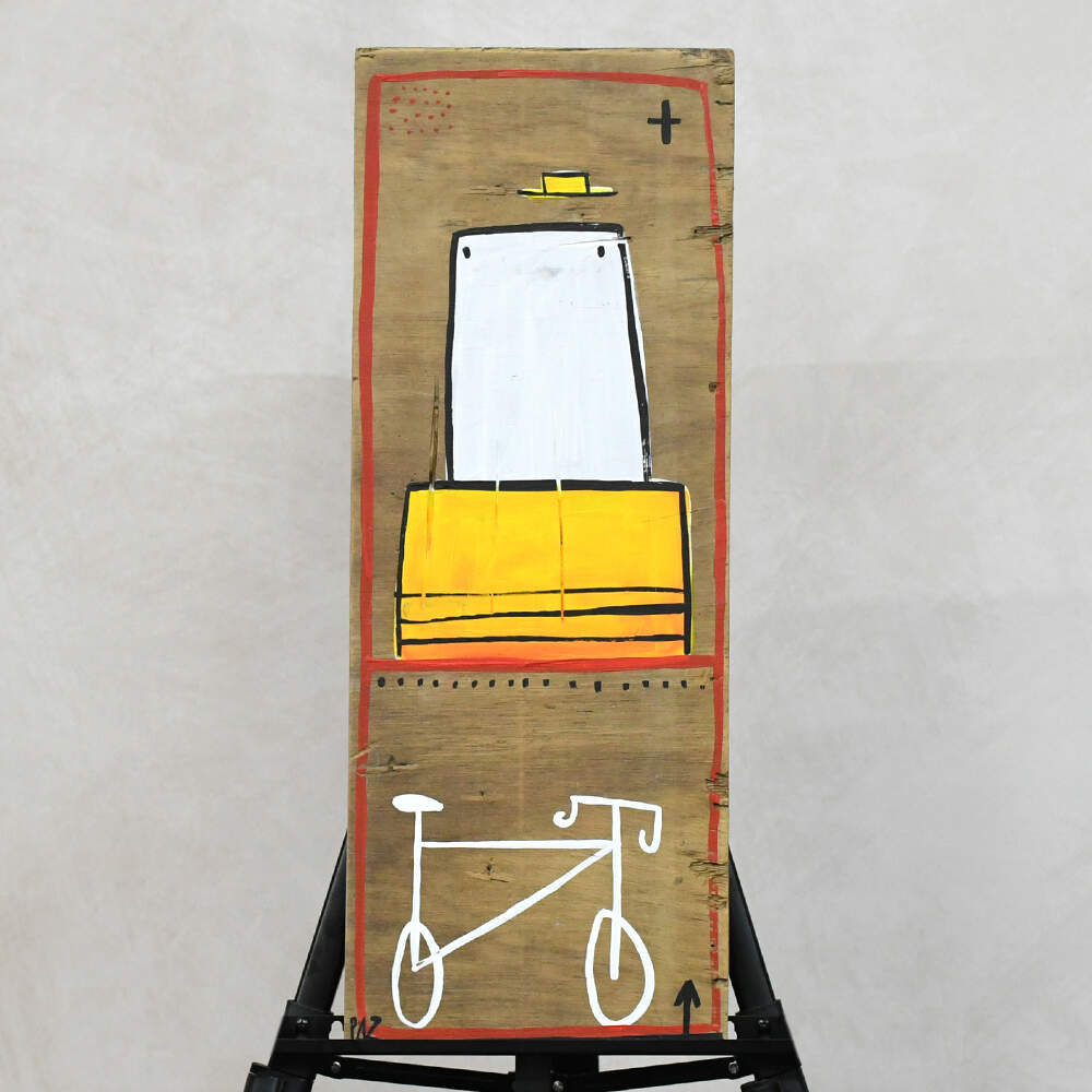 Manuel Paz Untitled Acrylic on Reclaimed Wood, Just a Man and His Bike-1