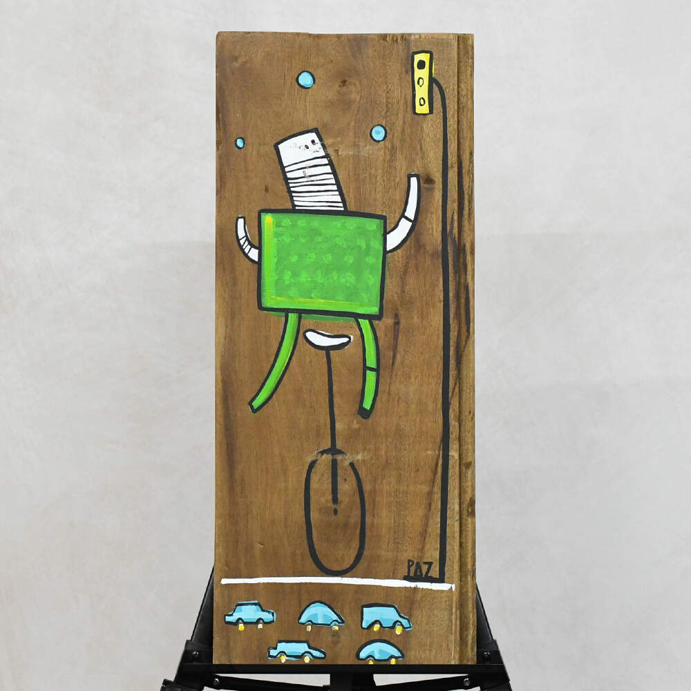 Manuel Paz Untitled Acrylic on Reclaimed Wood, Street Juggler-1