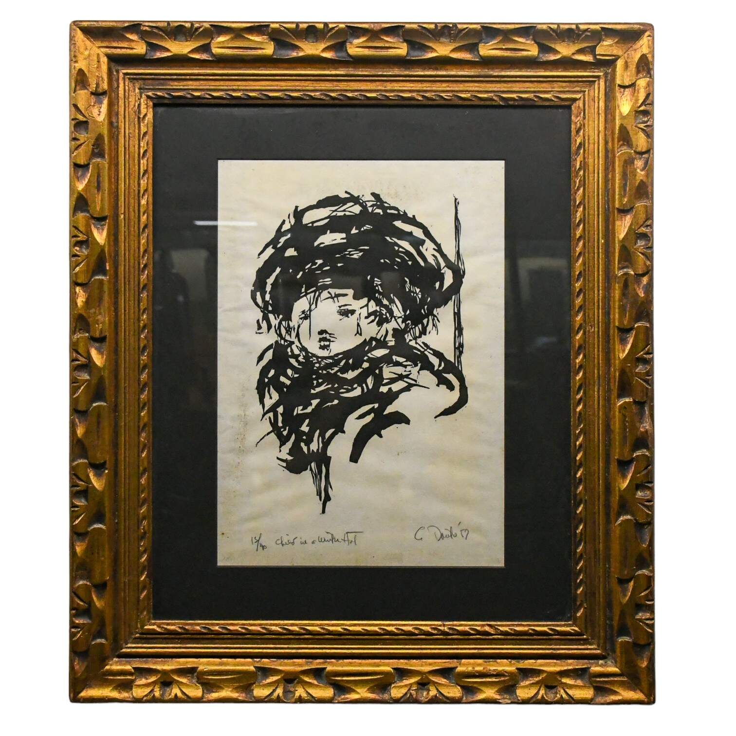 Framed Woodcut Print "Child in a Winter Hat" Signed Arthur Danto-1