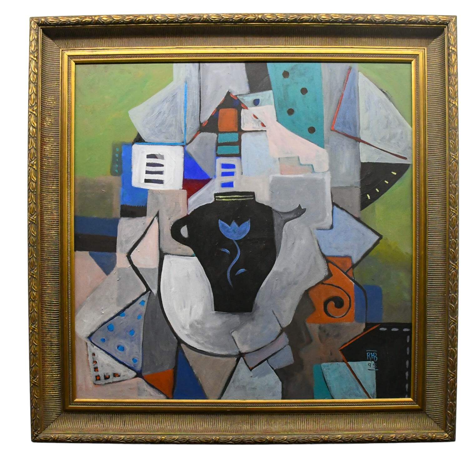 1995 Blue Flower Teapot Painting in Frame Initialed RHB-1