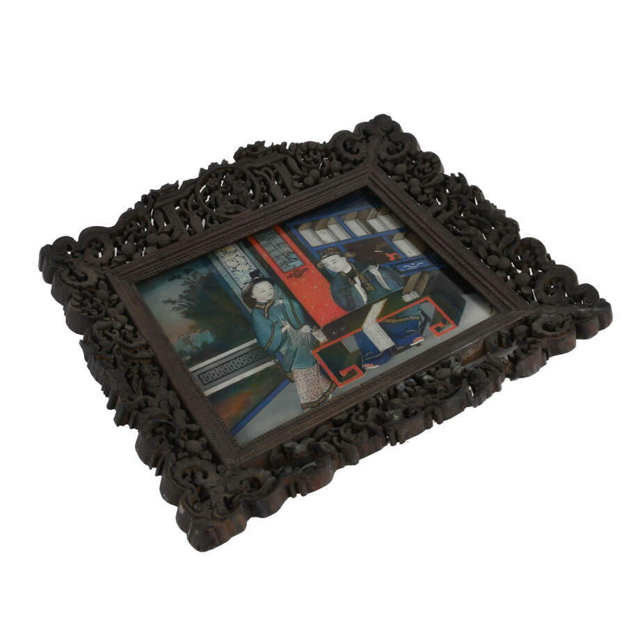 Antique 19th-Century Chinese Reverse Painting on Glass in Frame-2