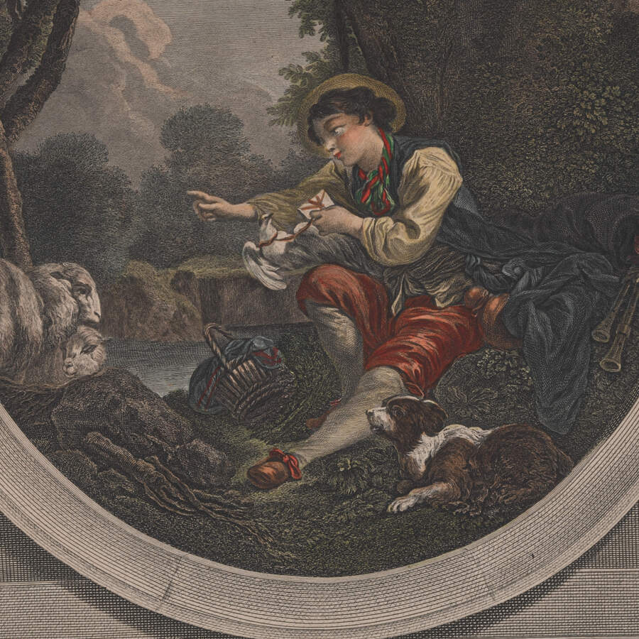 Antique Framed Engraving of "Le Depart Courier" After Francois Boucher-3