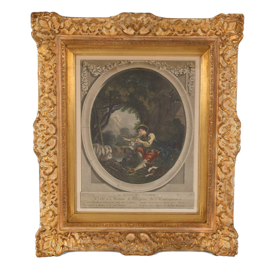 Antique Framed Engraving of "Le Depart Courier" After Francois Boucher-1