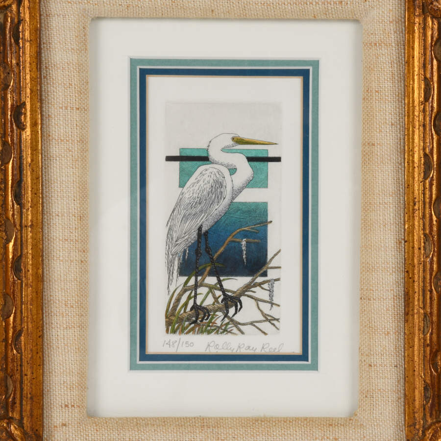 Framed Lithograph by Rolly Ray Reel of a Heron Signed and Numbered 48/50-2