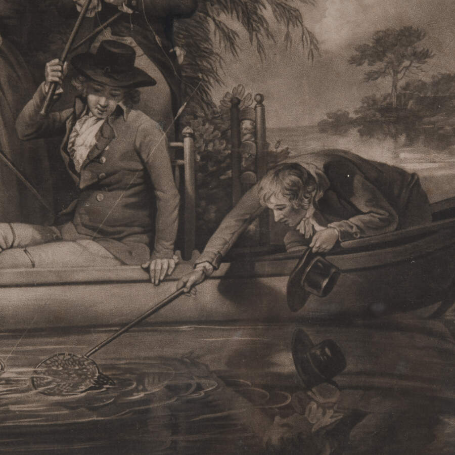 Framed Rare Engraving by George Keating Titled "A Party Angling"-4