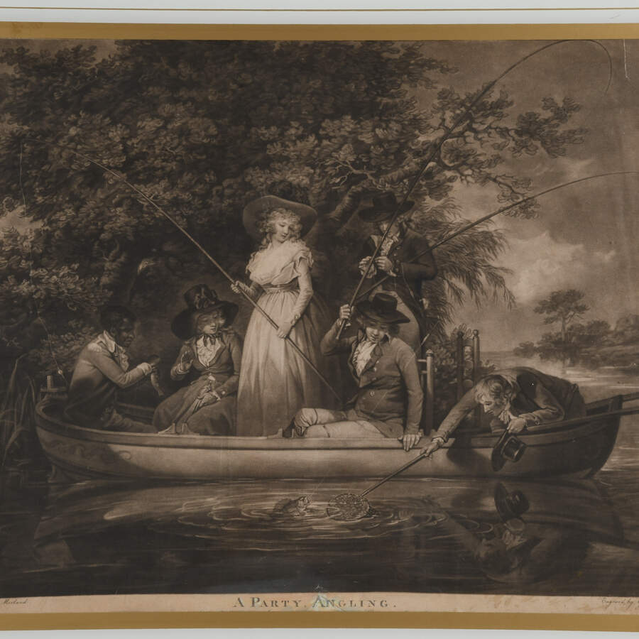 Framed Rare Engraving by George Keating Titled "A Party Angling"-2