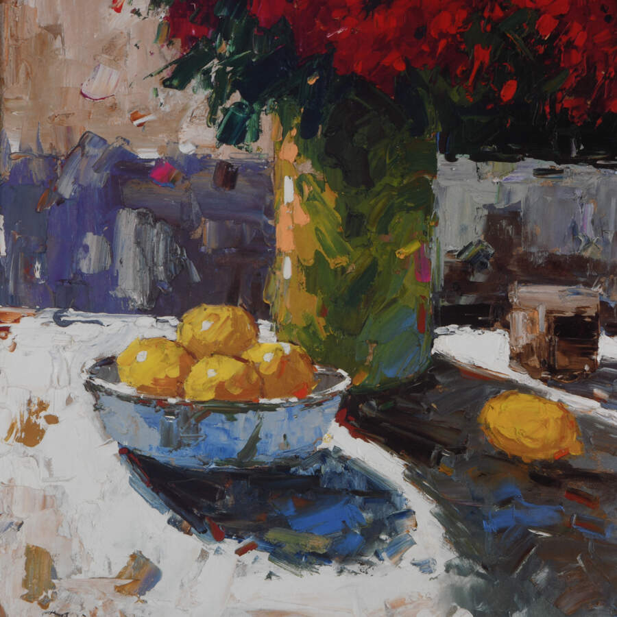 Framed Mira Still Life with Red Flowers and Lemons Print-4