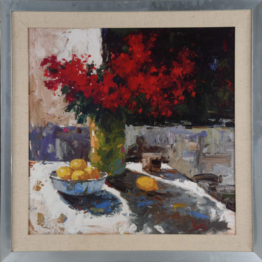 Framed Mira Still Life with Red Flowers and Lemons Print-2