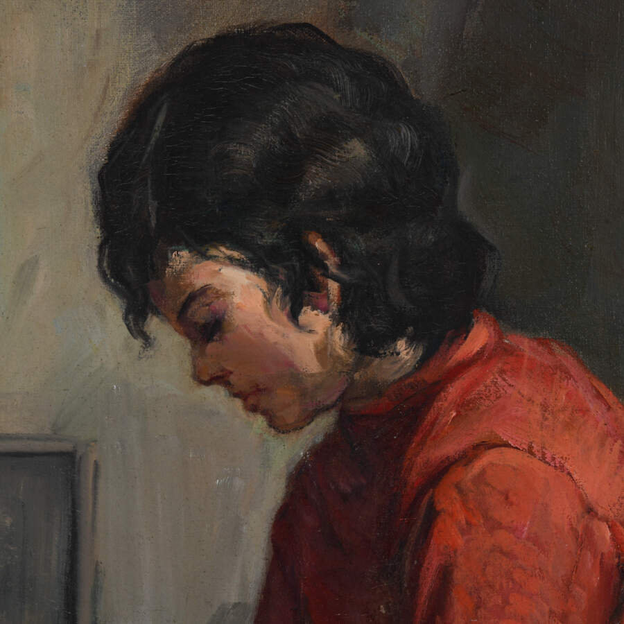 Framed Oil on Canvas Titled "Young Seated Girl Artist"-4