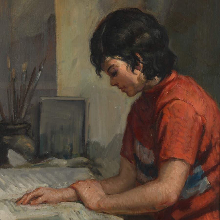 Framed Oil on Canvas Titled "Young Seated Girl Artist"-2