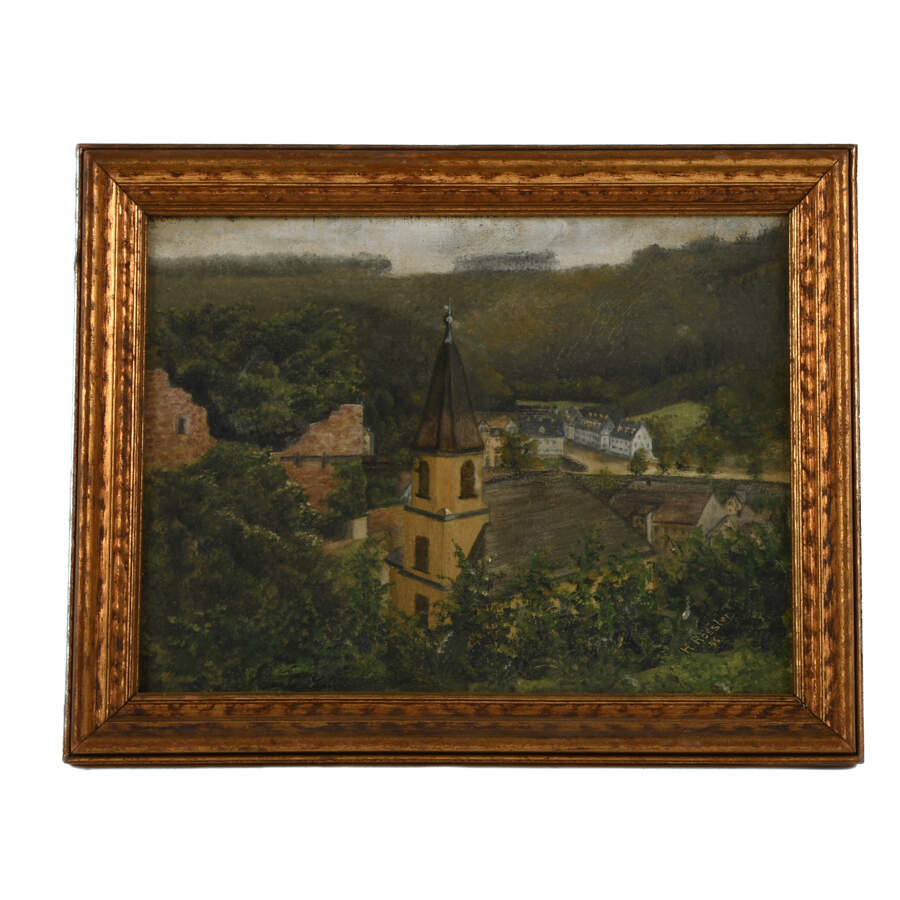 Framed Oil on Board of H. Rossler's "Landscape and Buildings Exterior View"-1