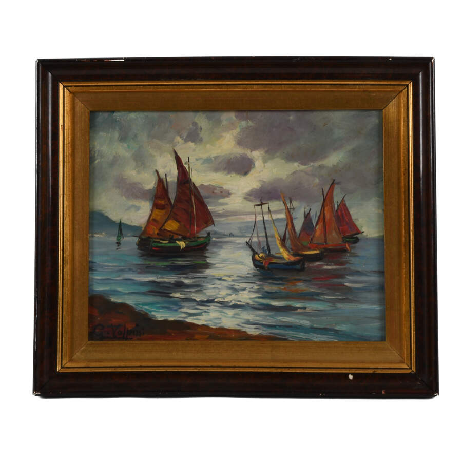 Framed Oil on Board of G. Volpin's "Sailing Ships Seascape"-1