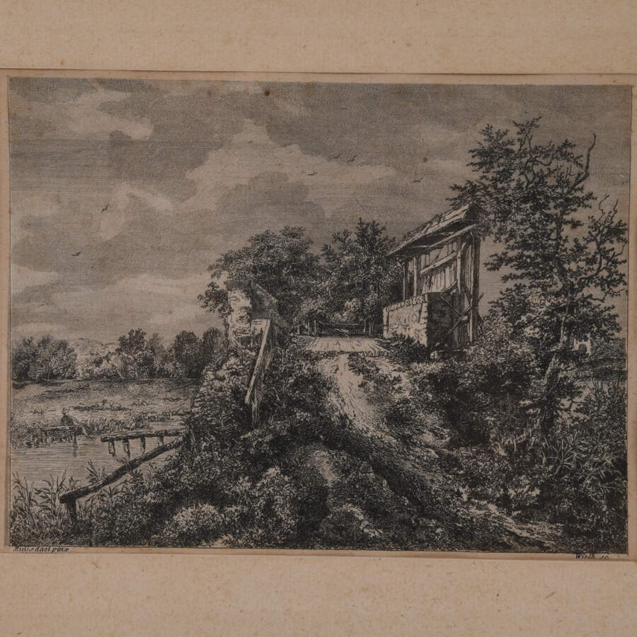 Antique Framed Drypoint Etching Landscape-2