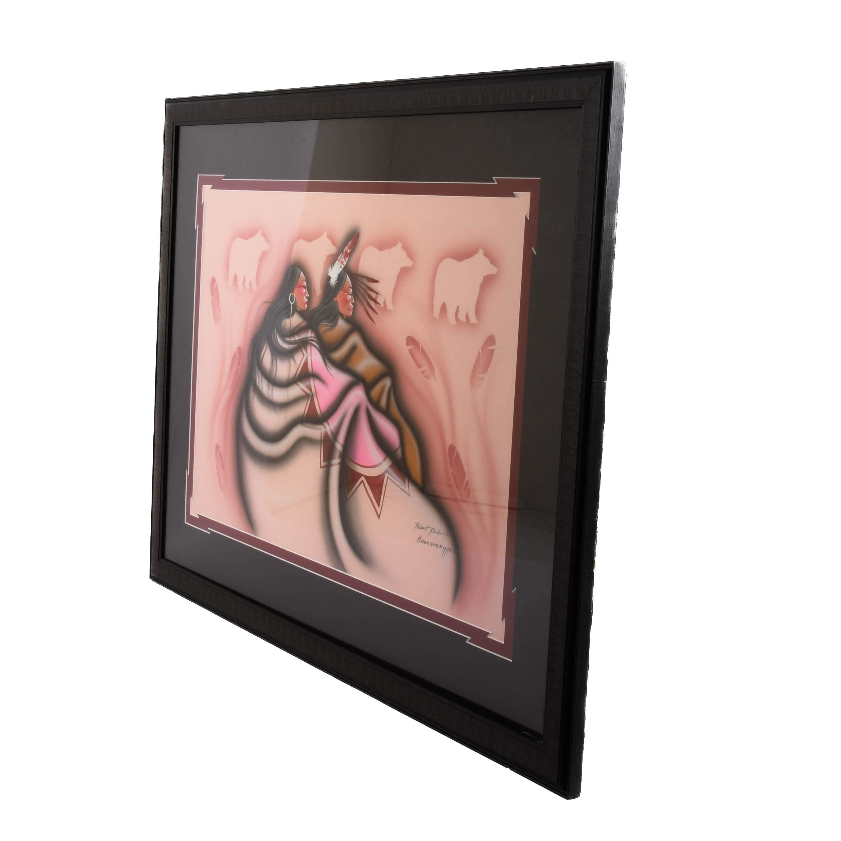 Framed Signed Robert Redbird Jr. Watercolor Two Kiowa Persons-5