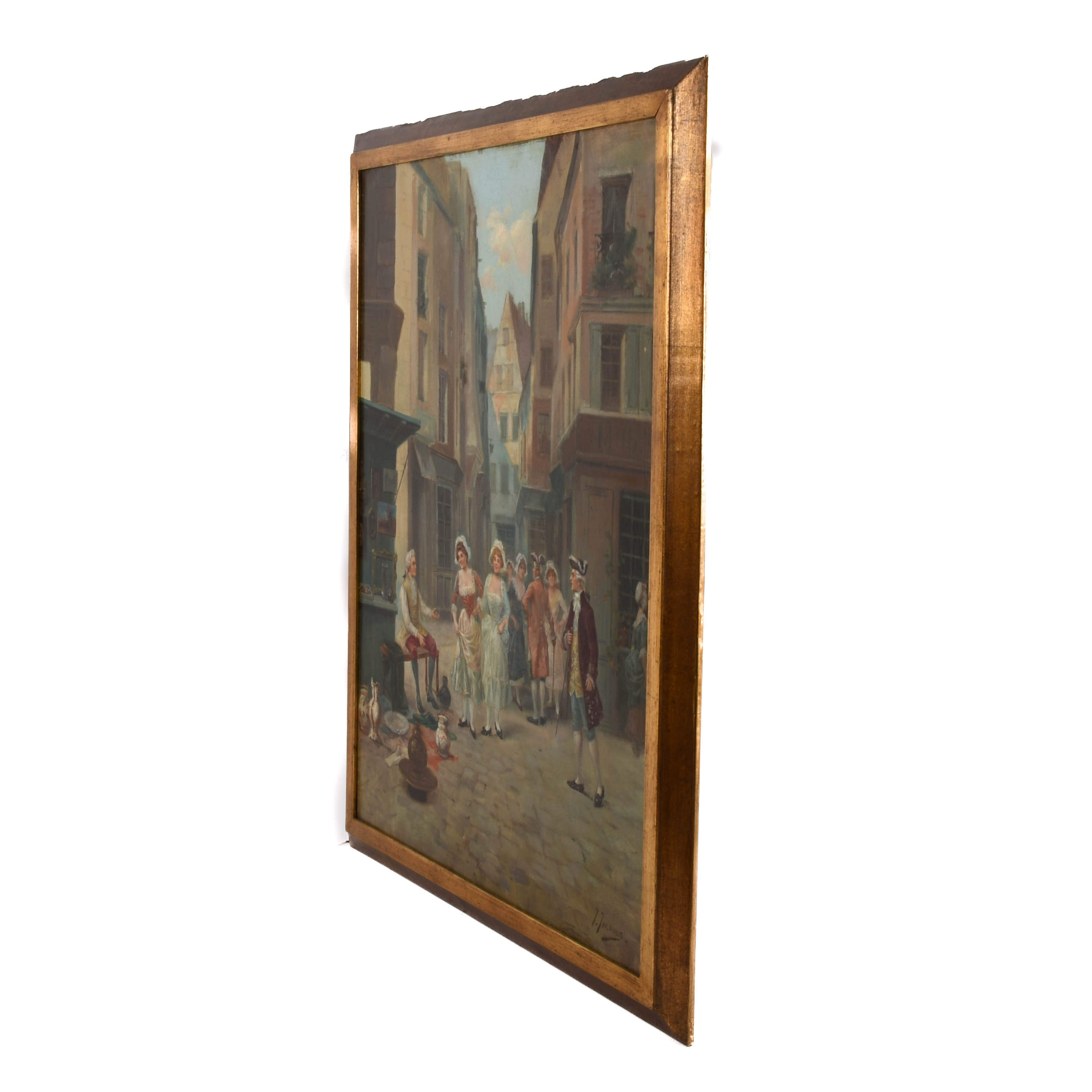Antique Framed Signed José Maria Jardines Oil on Canvas Figures in City-5